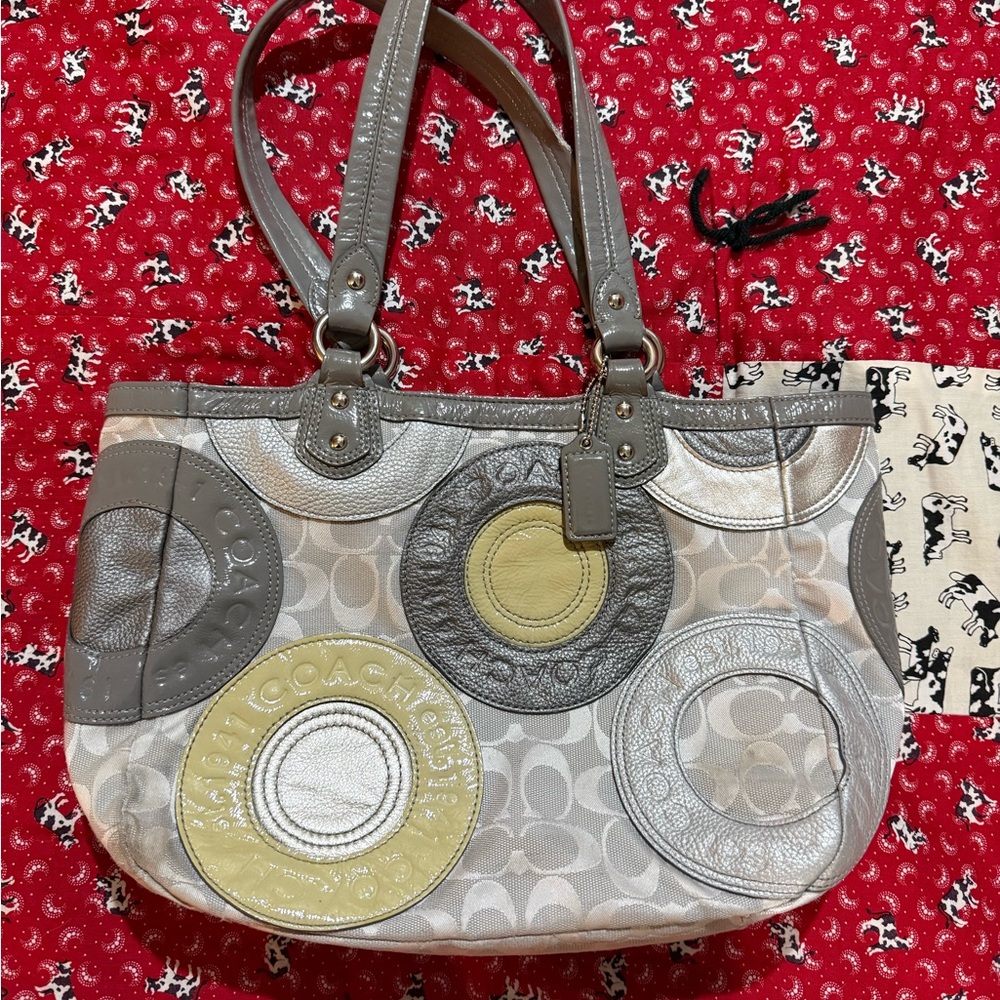 Coach Signature Circular Appliqué Shoulder Tote in Gray and Yellow